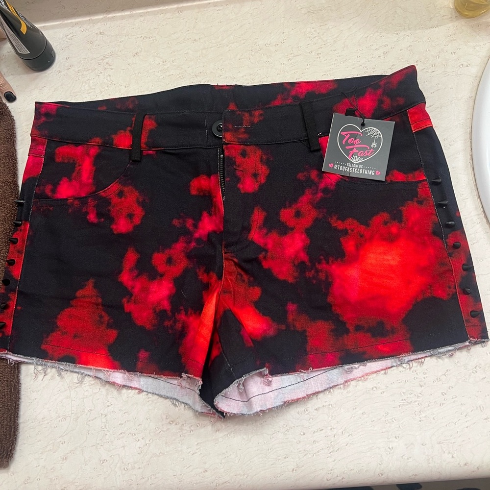 Too Fast Red and Black Jean Shorts with Bold Pattern